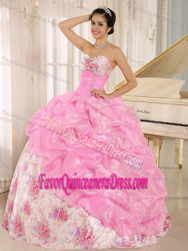 Hot Sale Printed Rose Pink Dress for Quinceaneras with Pick-ups in Taffeta