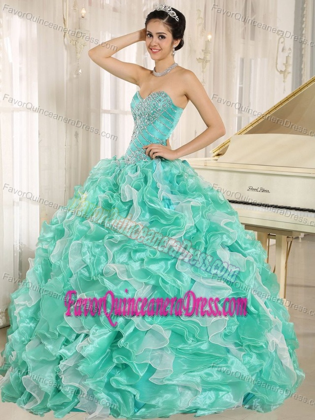 Lovely Apple Green Organza Beaded Quinceanera Gown Dress with Ruffles