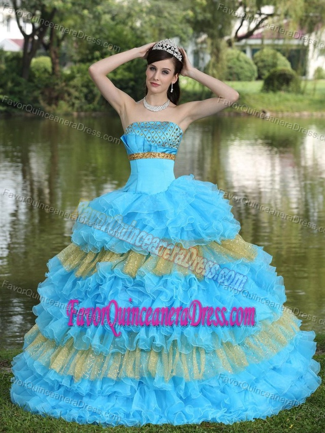 Pretty Sequined Strapless Blue Sweet Sixteen Dress with Ruffles in Organza
