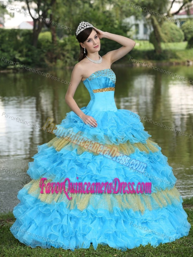Pretty Sequined Strapless Blue Sweet Sixteen Dress with Ruffles in Organza