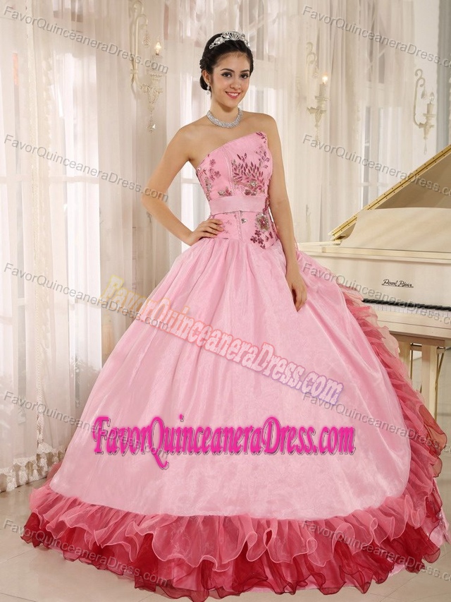 Unique Strapless Rose Pink Sweet Sixteen Dress with Appliques and Ruffles