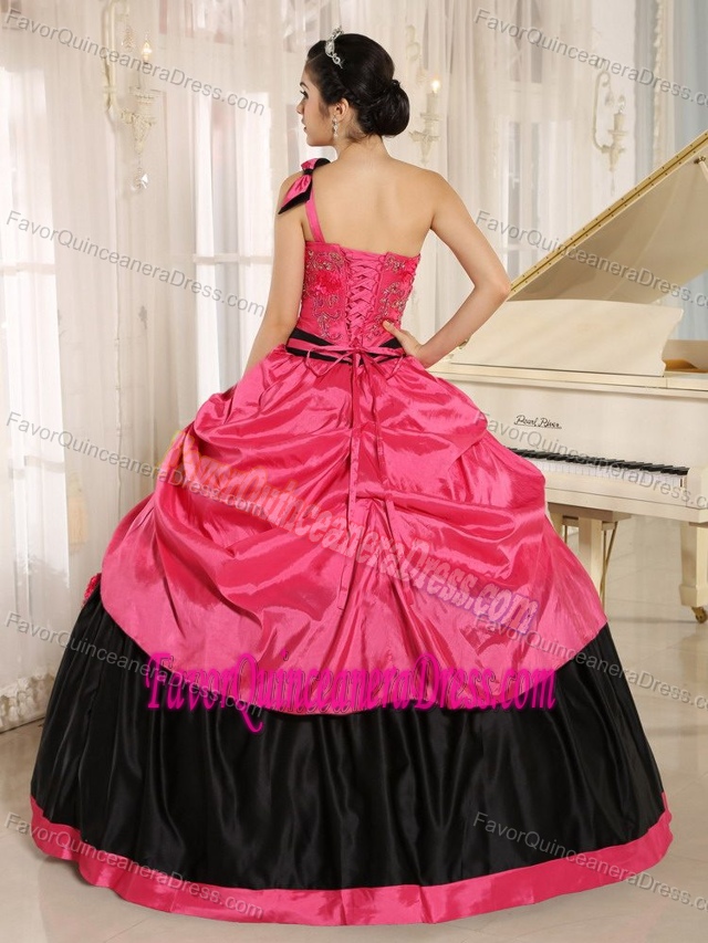 Coral Red One Shoulder Taffeta Quinceanera Gown with Appliques and Bow
