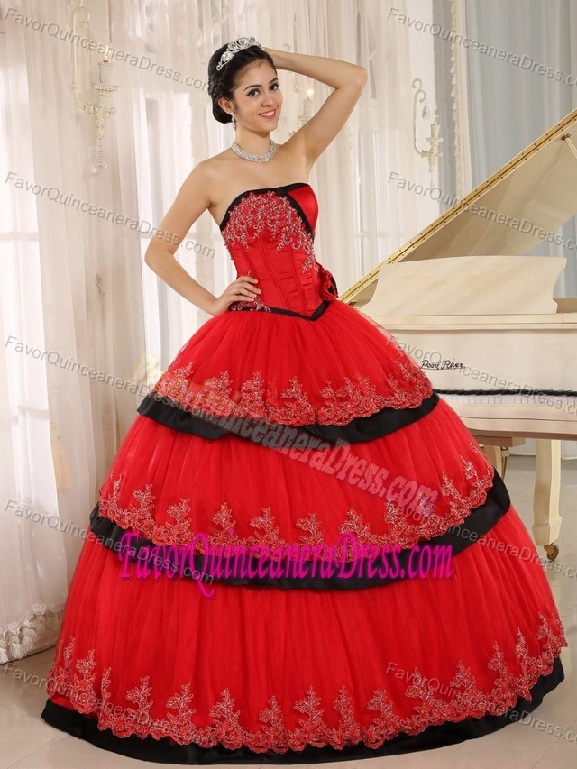 Brand New Strapless Red Lace Long Quinceanera Gown Dress with Flowers