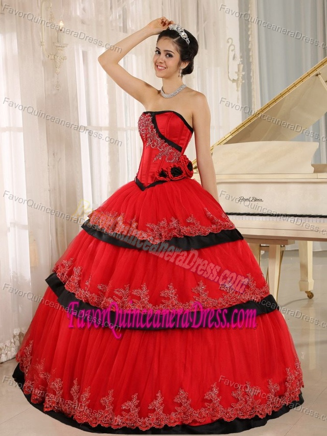 Brand New Strapless Red Lace Long Quinceanera Gown Dress with Flowers