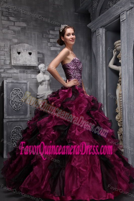 Unique Leopard Burgundy Sweetheart Quince Dress with Ruffles in Organza