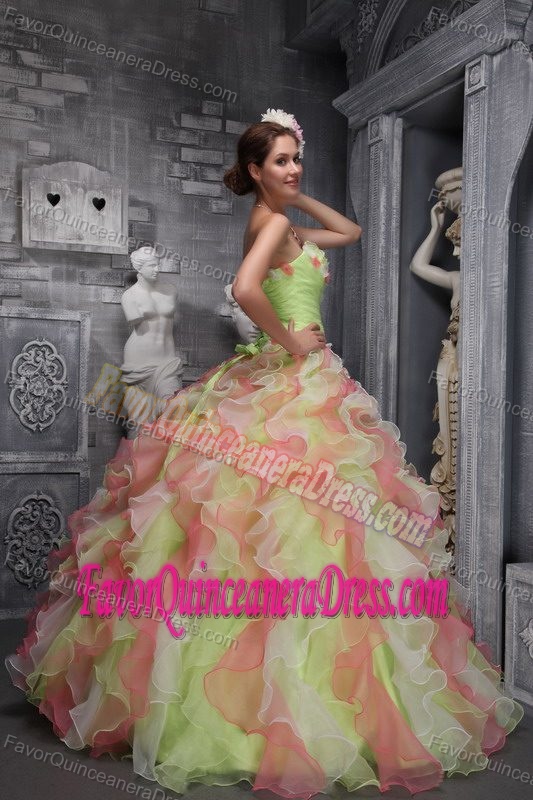 Hot Sale Colorful Organza Dress for Quinceaneras with Flowers and Ruffles