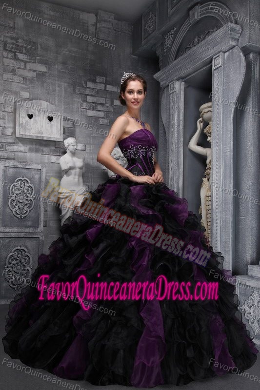 New Strapless Purple and Black Quinces Dresses with Ruffles in and Organza