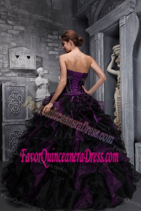 New Strapless Purple and Black Quinces Dresses with Ruffles in and Organza