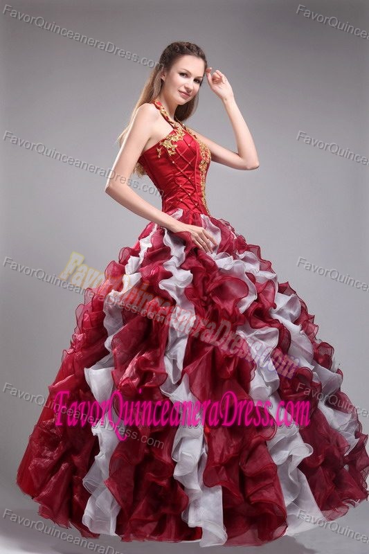 Sexy Halter Wine Red Organza Quinces Dresses with Ruffles and Appliques