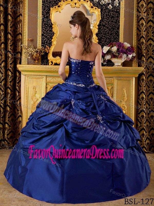 Ball Gown Strapless Taffeta Dark Blue Quinceanera Dress with Appliques