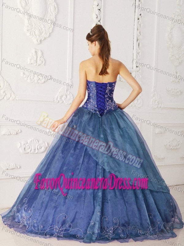 Beaded Blue Ball Gown Strapless Quinceanera Dress in Satin and Organza