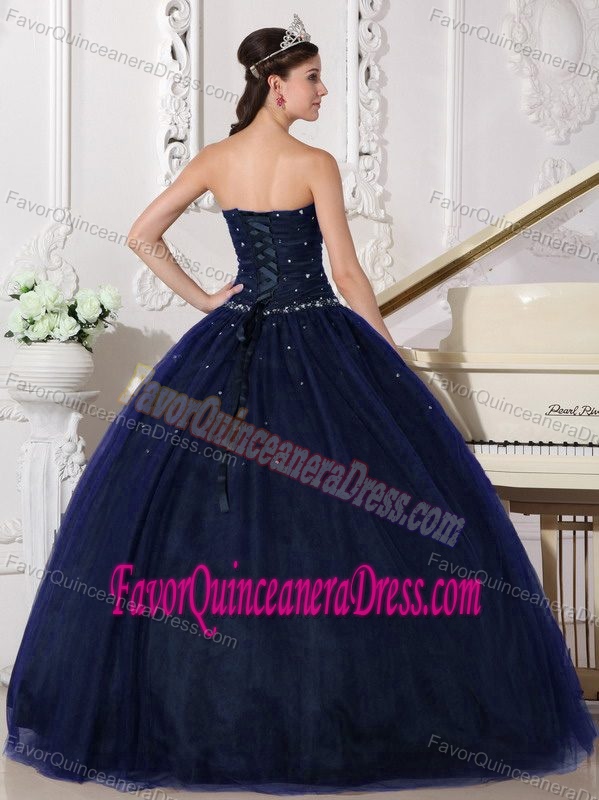 Sweetheart Floor-length Tulle Navy Blue Quinceanera Gown with Rhinestone