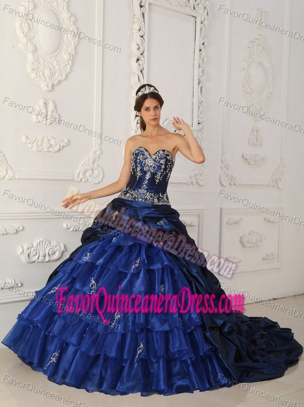 Taffeta and Organza Appliqued Royal Blue Quinces Dresses with Chapel Train