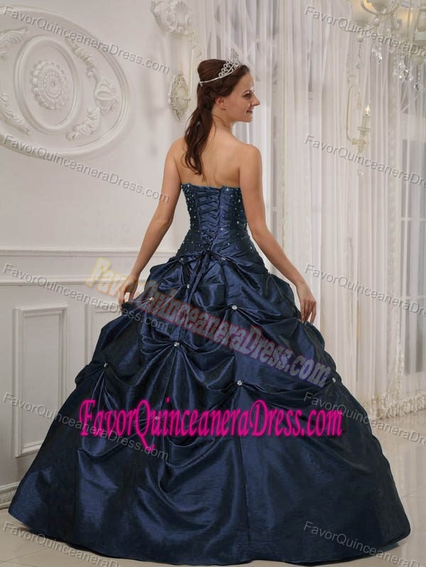 Ball Gown Strapless Taffeta and Satin Beaded Quinces Dresses in Navy Blue