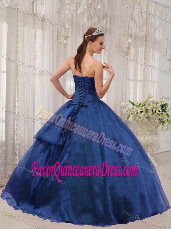 Floor-length Beaded Blue Ball Gown Strapless Quinceanera Dress in Organza
