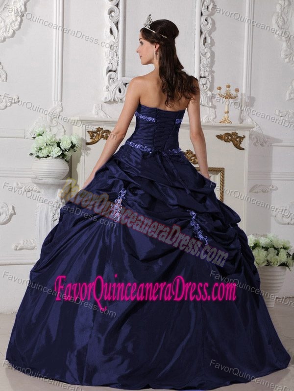 Strapless Floor-length Taffeta Appliques Quinceanera Dress in Navy Blue
