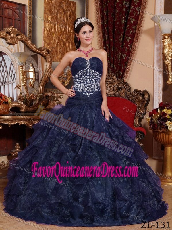 Navy Blue A-line Organza Beaded Dress for Quinceanera with Sweetheart