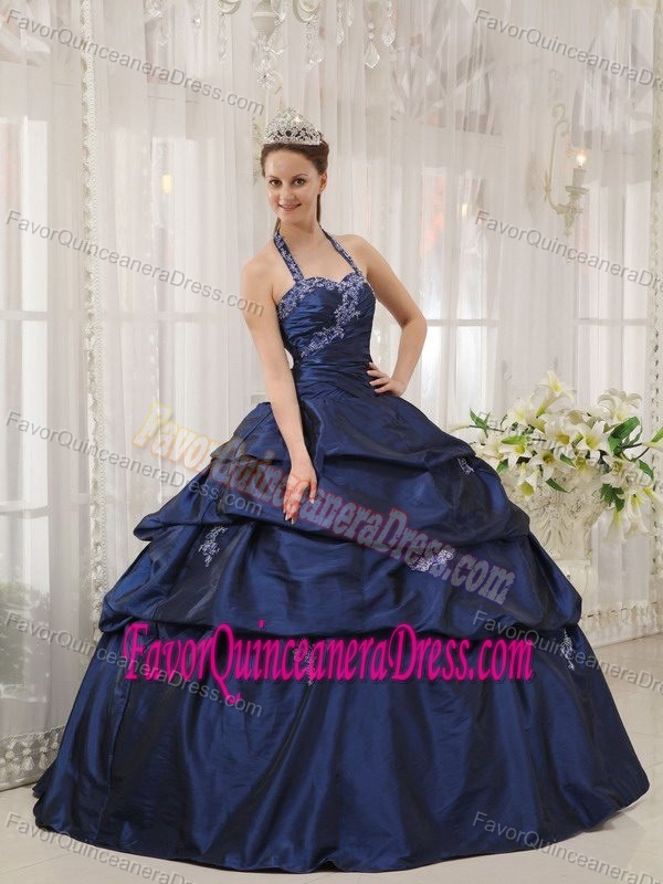 Floor-length Taffeta Appliqued Navy Blue Quinceanera Gown with Halter