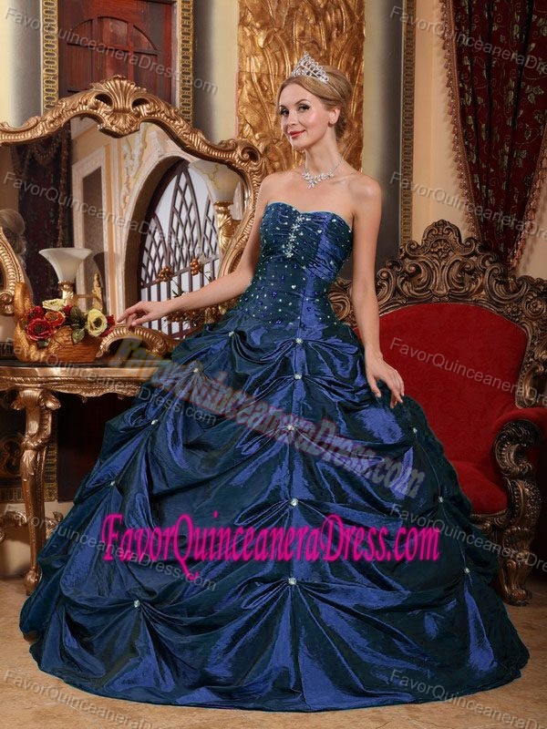 Strapless Floor-length Taffeta Beaded Quinceanera Gown Dresses in Royal Blue