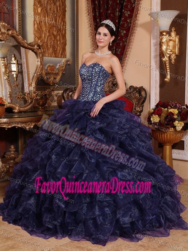 Navy Blue Sweetheart Floor-length Quinceanera Dress in Organza and Sequins