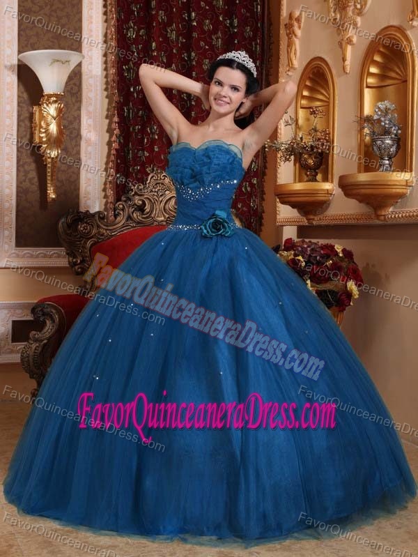 Ball Gown Sweetheart Floor-length Tulle Beaded Quinceanera Dresses in Blue