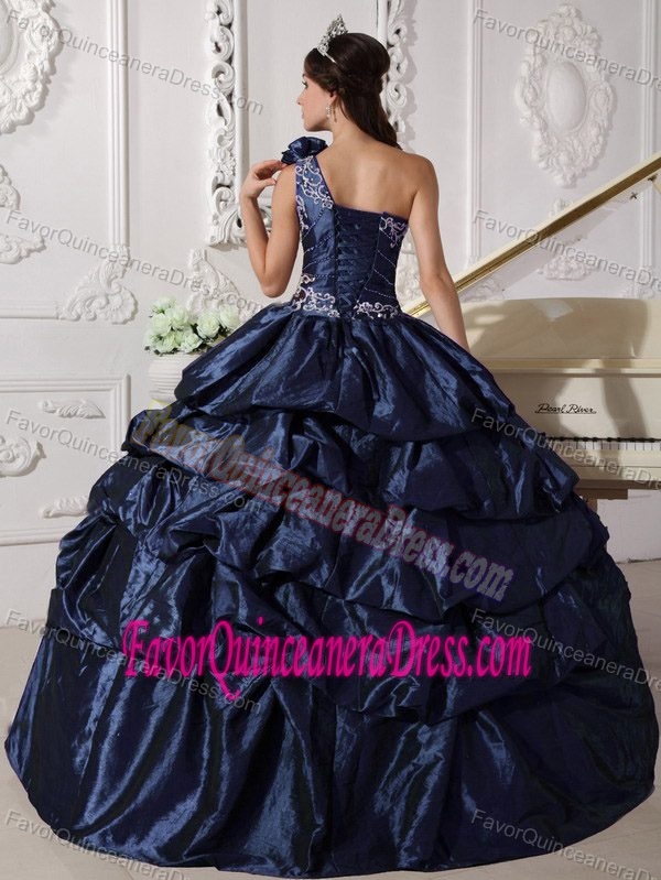 Navy Blue Taffeta Appliques and Pick-ups Quinceanera Dresses with One Shoulder