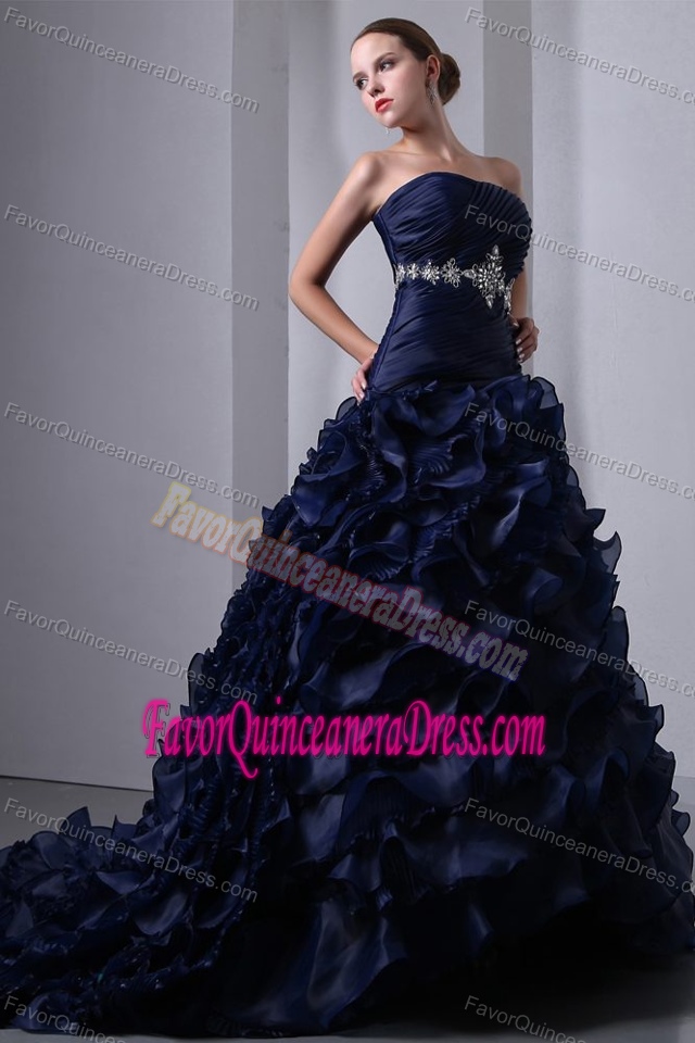 Beaded Ruched Navy Blue Taffeta and Organza Quince Dresses with Brush Train