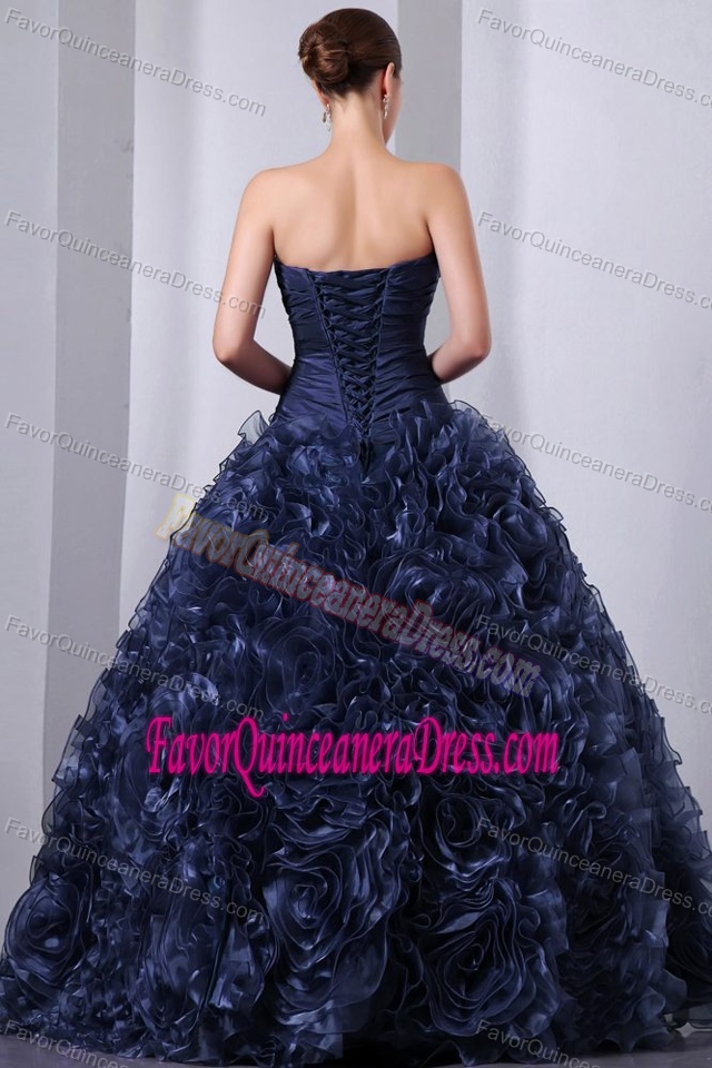 A-line Strapless Organza Beaded Navy Blue Quince Dresses with Handle Flowers