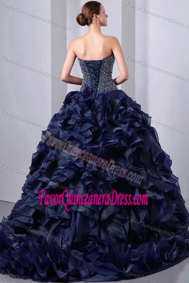 Sweetheart Brush Train Organza Beaded Navy Blue Quince Dresses with Ruffles