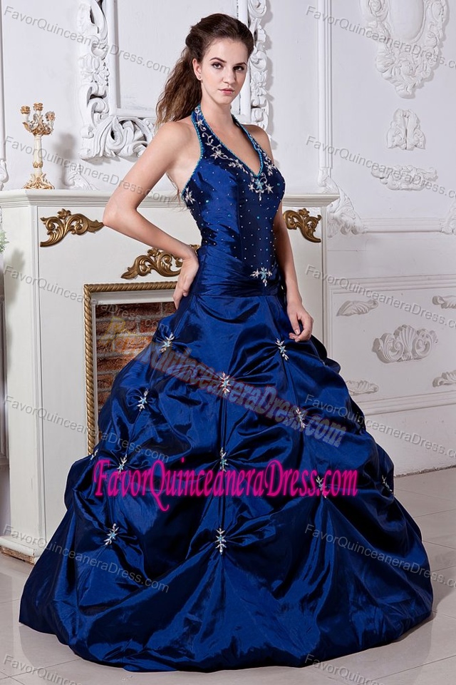 Blue Princess Floor-length Taffeta Embroidery Quinceanera Gowns with Halter