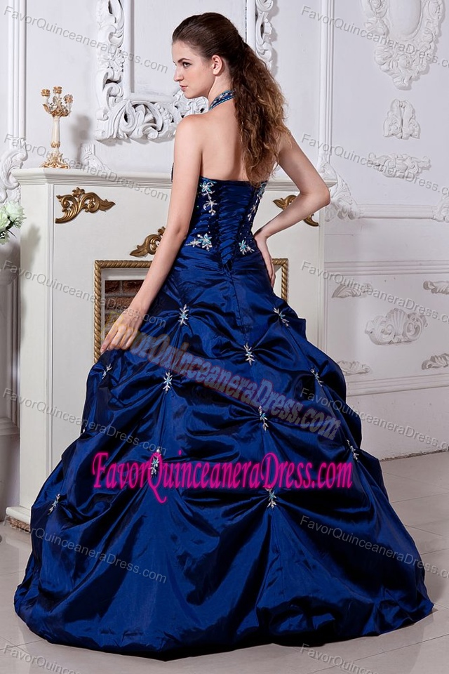 Blue Princess Floor-length Taffeta Embroidery Quinceanera Gowns with Halter