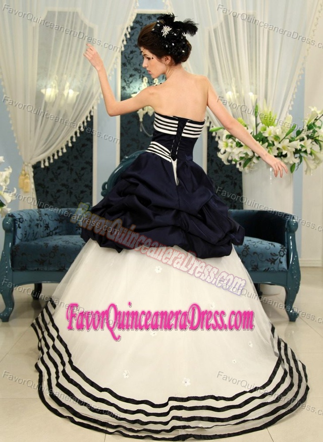 Navy Blue and White Strapless Organza Quinceanera Gowns with Pick-ups