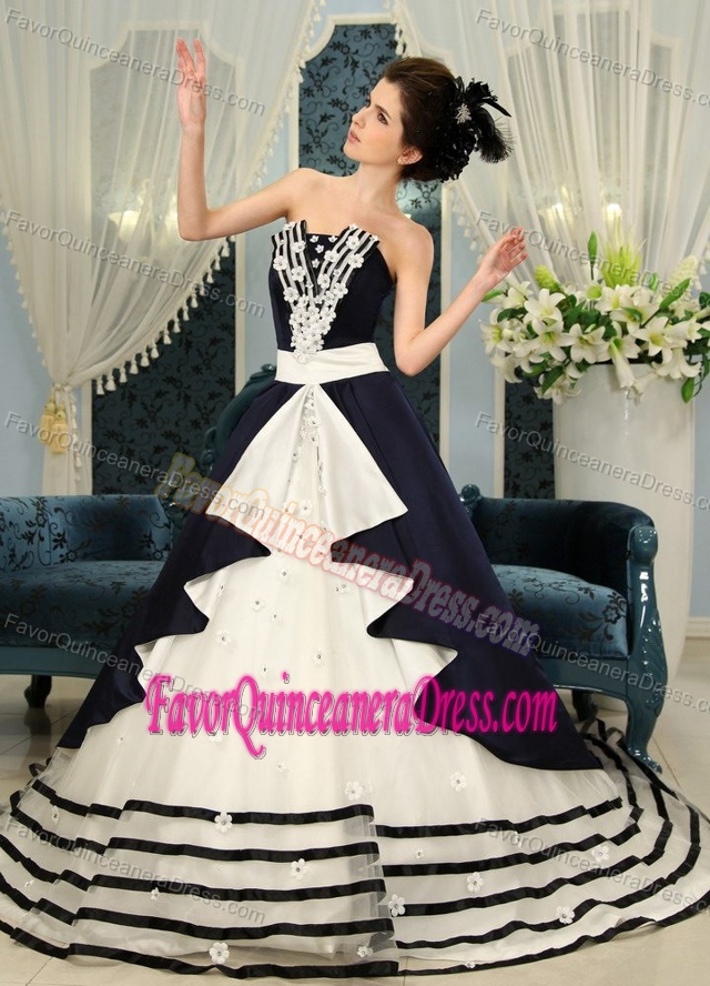 Navy Blue and White Strapless Court Train Quinceanera Dresses with Appliques