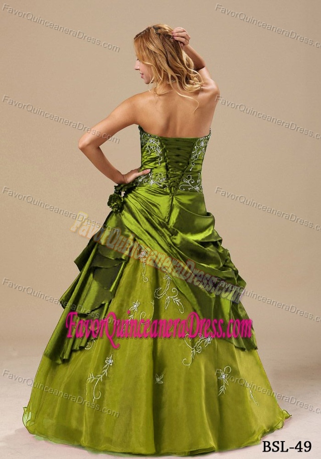 Cheap Strapless Olive Green Quinceanera Dress with Embroidery and Flower