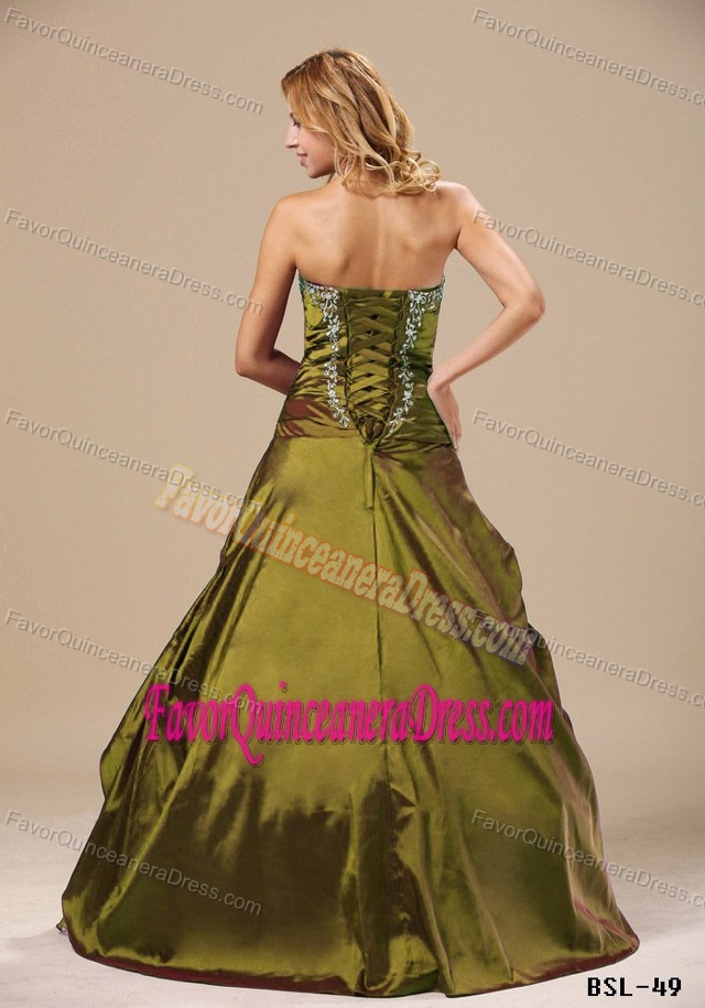 Best Sweetheart Sweet 16 Dress with Appliques and Ruches in Olive Green