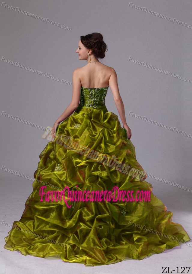 Hot Olive Green Sweet 16 Quinceanera Dress with Embroidery and Pick-ups
