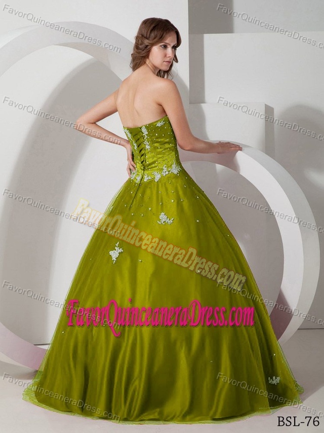 Lovely Olive Quince Dresses Strapless Tulle with Appliques and Beading