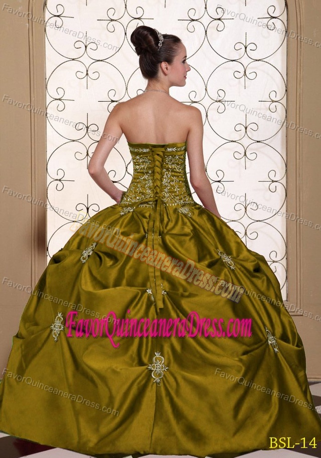 Pretty Taffeta Strapless Olive Quince Dress with Embroidery and Pick-ups