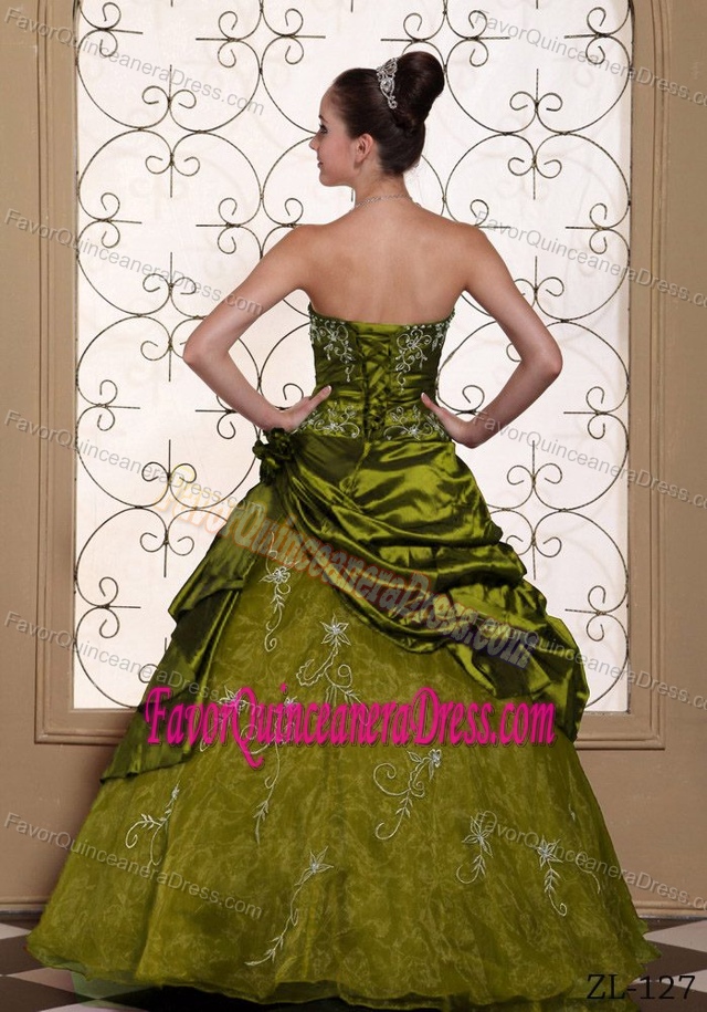 Discount Strapless Flower Quince Gowns with Embroidery in Olive Green