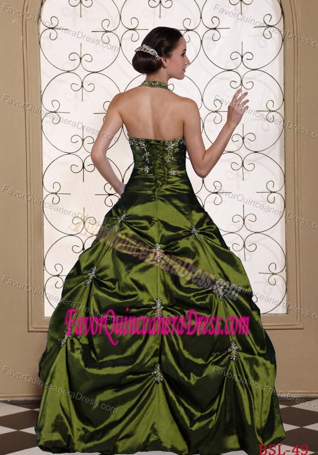 Halter Top Olive Green Ball Gown Embroidery With Beading Quince Dresses