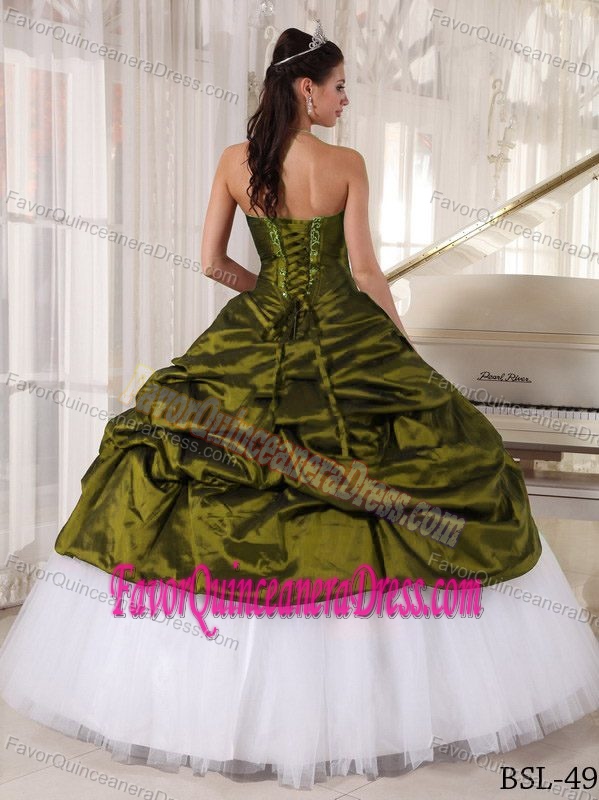 Sweetheart Olive Green Taffeta Appliques Quince Dresses with Pick-ups