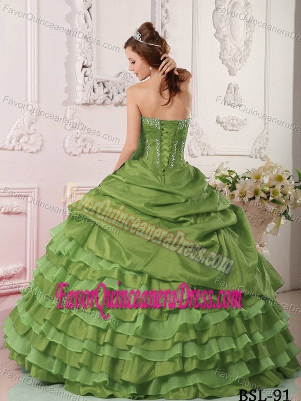 Perfect Olive Green Strapless Taffeta Beading and Ruffles Quince Dresses