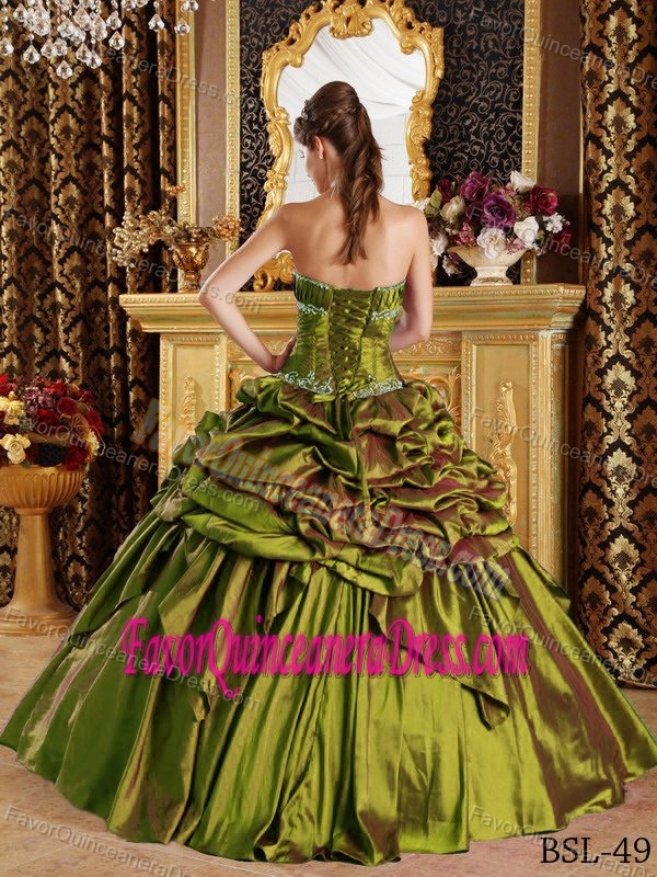 Pink Ruched Taffeta Quince Dress in Olive Green Strapless with Pick-ups