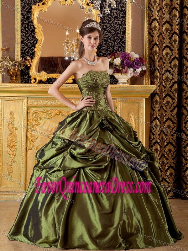 Strapless Taffeta Appliques and Pick-ups Sweet 16 Dresses in Olive Green