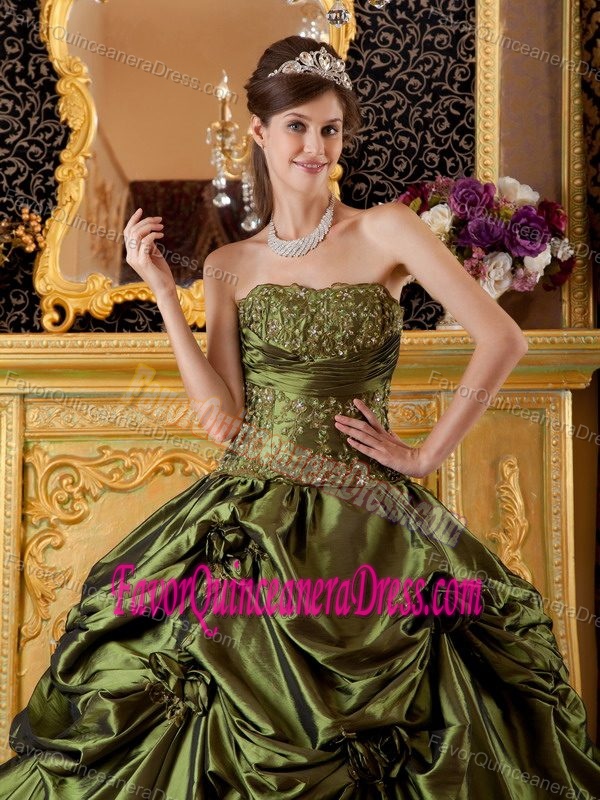 Strapless Taffeta Appliques and Pick-ups Sweet 16 Dresses in Olive Green