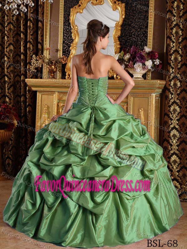 Cheap Pick-ups and Beading Quinceanera Dress in Green Strapless Taffeta