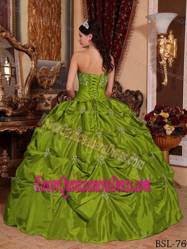 New Olive Green Strapless Taffeta Ruches Quince Dresses with Appliques