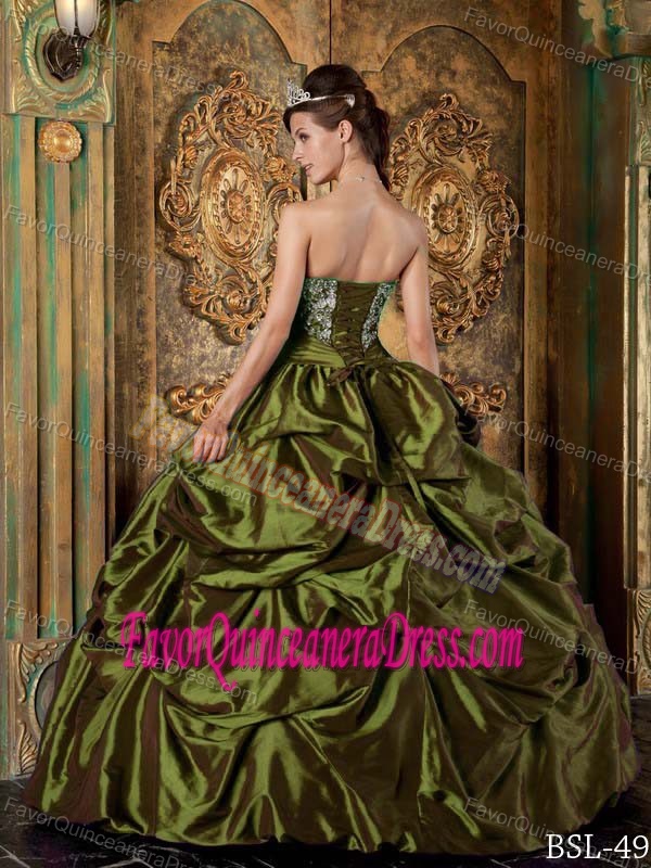 Allure Quinceanera Dresses in Olive Green Strapless Taffeta Embroidery