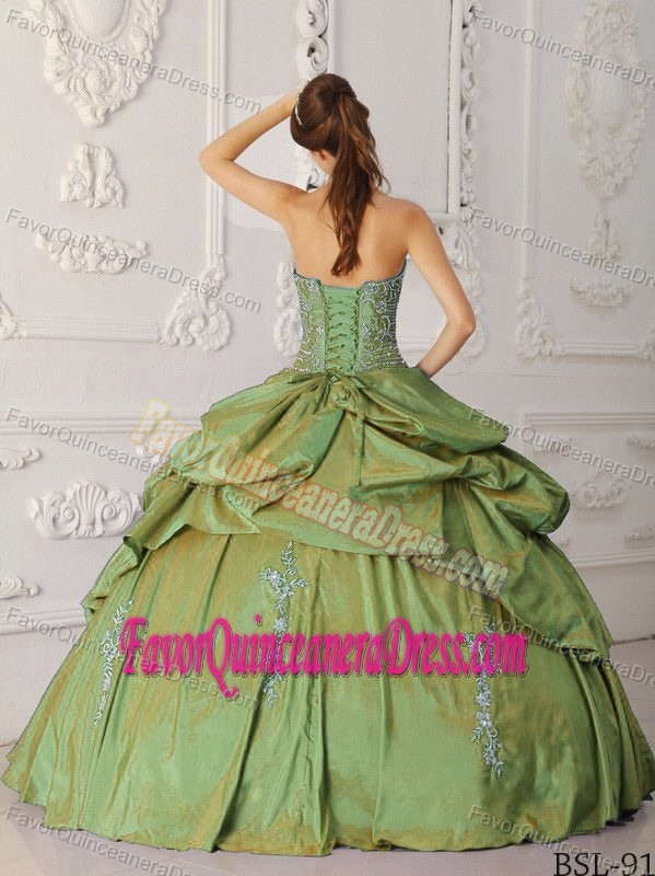 Olive Green Embroidery Strapless Taffeta Beading Outdoor Quince Dress