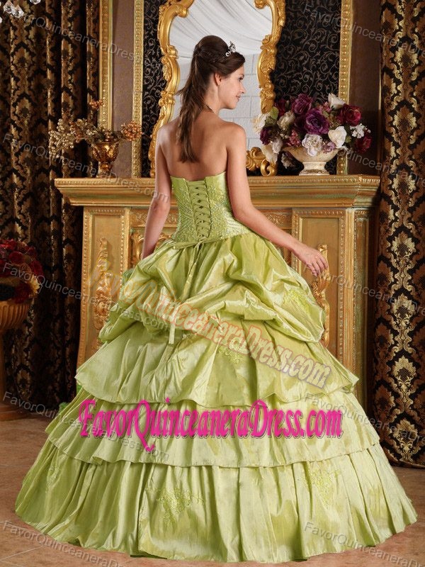 Angel Strapless Taffeta Beading and Ruffles Quince Dress in Olive Green